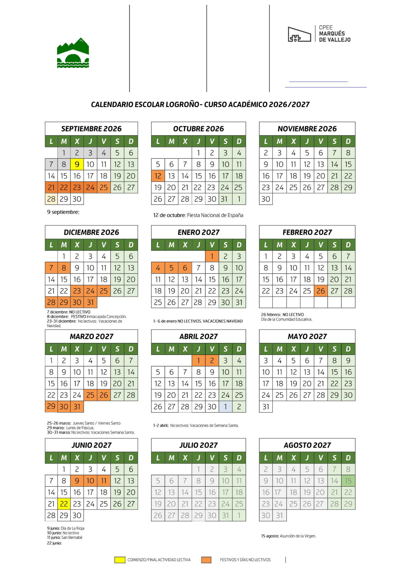 CALENDARIO ESCOLAR 2026-2027